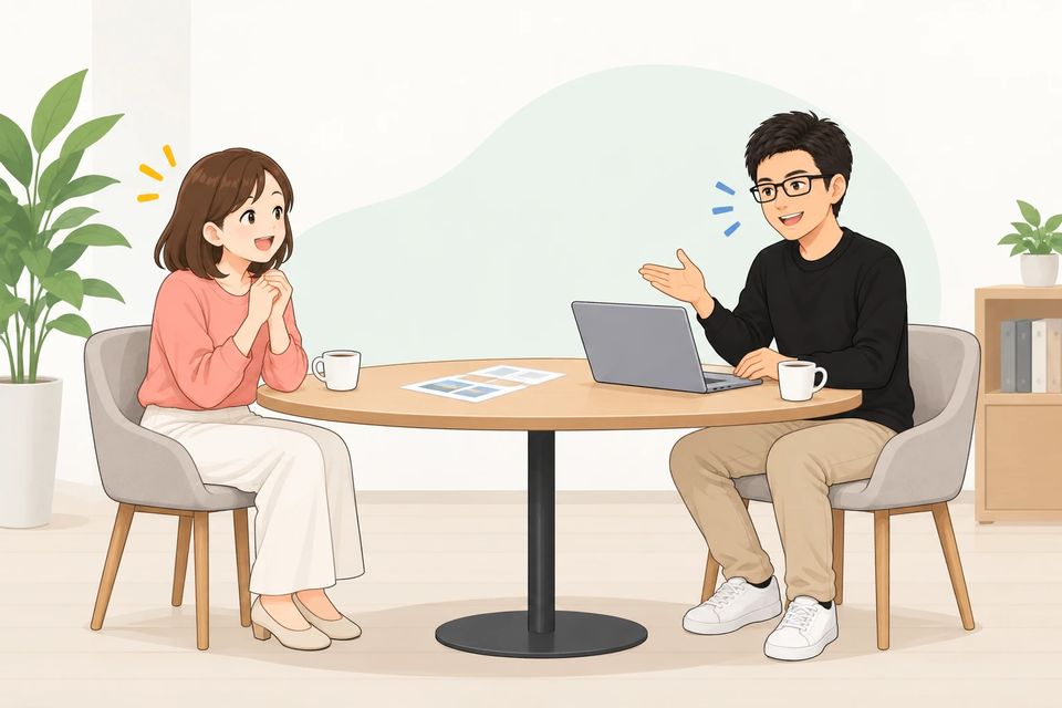 お店の方と打ち合わせをしているイラスト